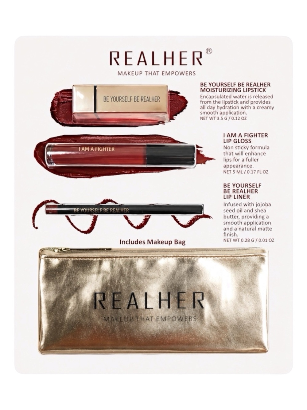 REALHER COSMETICS 3PC SET WITH MAKEUP BAG - BRAND NEW